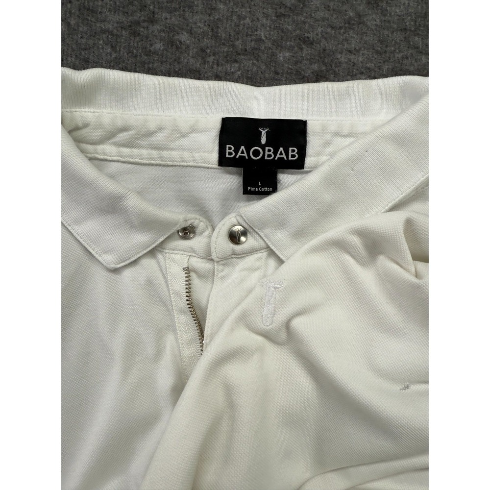 BAOBAB Mens Large White Pima Cotton Polo Shirt Modern Zipper Placket‎